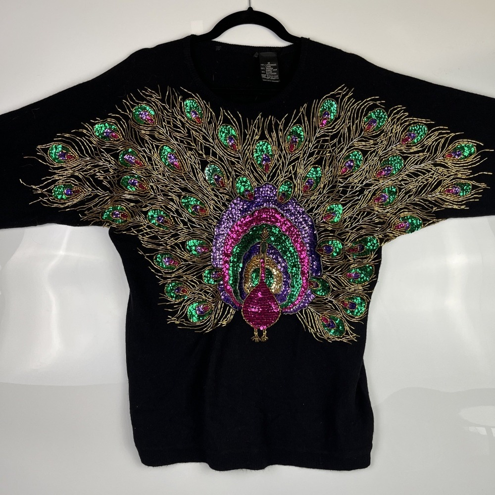 80s Peacock Black Sweater Vintage Beaded Woman Medium Lambswool Hong Kong